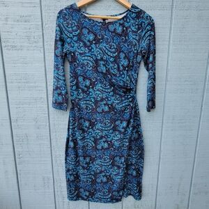 Talbots Ruched Paisley Floral Wrap Midi Dress sz XS Blue Stretch Comfort Fem